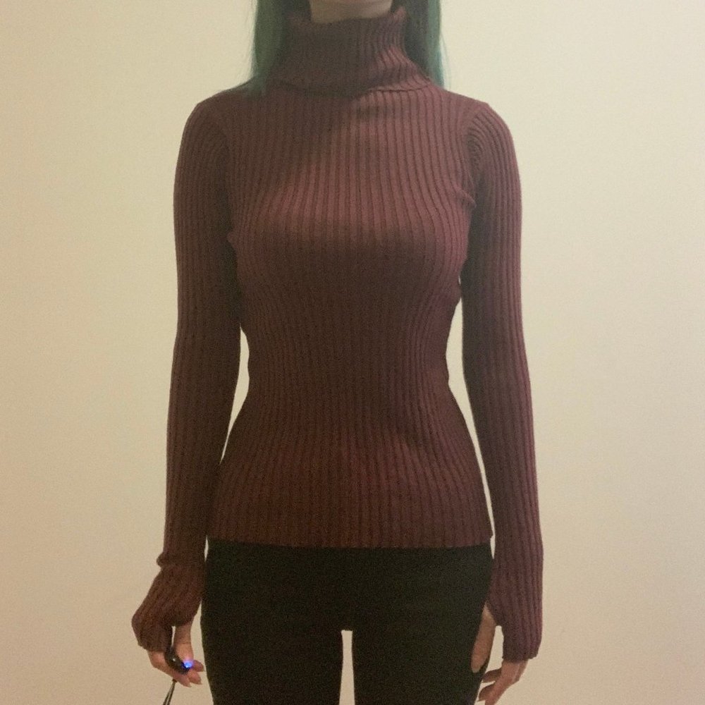 Maroon Dark Red Ribbed Turtleneck Sweater Top Thumb Holes Dark Academia Burgundy